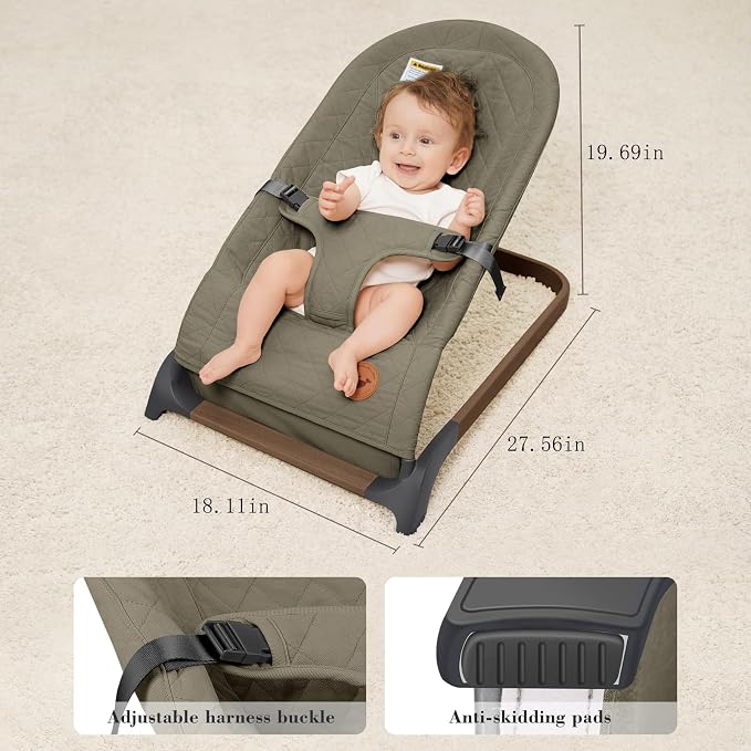 ANGELBLISS Baby Bouncer, Portable Bouncer Seat for Babies, Infants Bouncy Seat with Cotton Fabric, Natural Vibrations (Green)