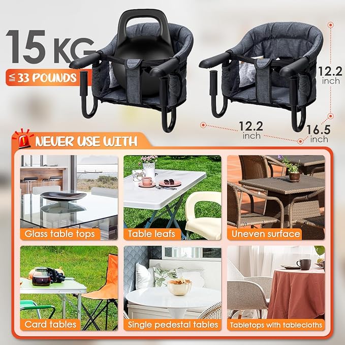 Hook-On Chairs - Portable & Foldable for Babies 6-36 Months, Family & Travel Use with Carry Bag (Grey)