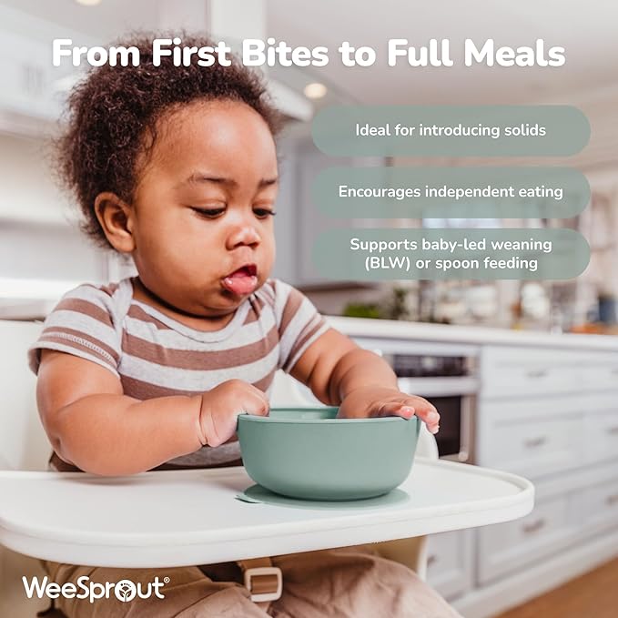 WeeSprout First Feeding Set - Silicone Baby Training Cup 2 Oz, Suction Bowl 10 Oz with Lid & 2 Baby Led Weaning Spoons - For Children 6+ Months - Non-Slip Grip - Dishwasher & Microwave Safe
