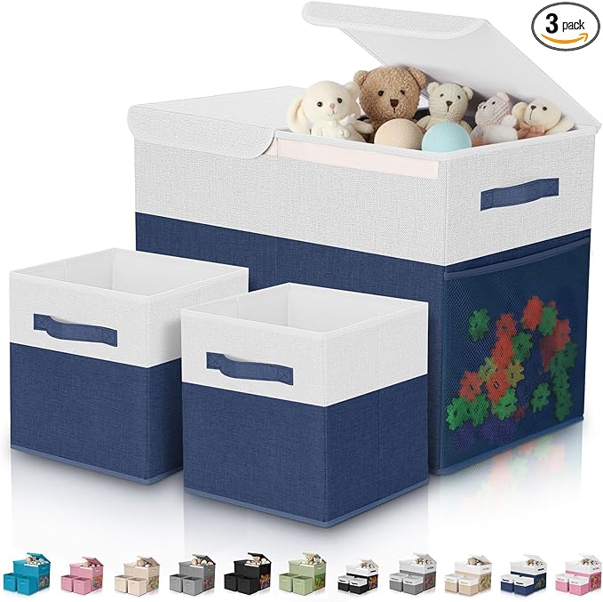 3 Pack Large Storage Bins Set 23" Toy Chest Storage with Lids and 11" Cubes Organizer Bins for Kids Bedroom Closet Shelf Organizer for Clothes Blankets Nursery Playroom(Navy White)