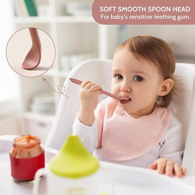 Silicone Baby Feeding Spoons, Training Spoon Self-feeding, First Stage Infant Soft-Tip Easy on Gums, Utensils Supplies, Dishwasher & Boil-proof, 6 Pack