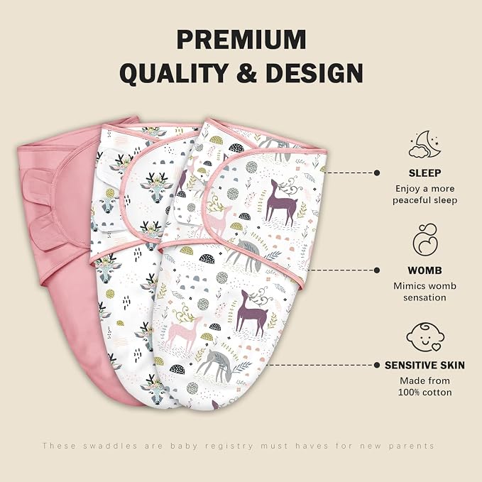 Cute Castle 3-Pack Baby Swaddle Sleep Sacks - Newborn Swaddle Sack - Ergonomic Baby Swaddles Blanket Warp for Boys and Girls - Baby Essentials (0-3 Months - Pink)