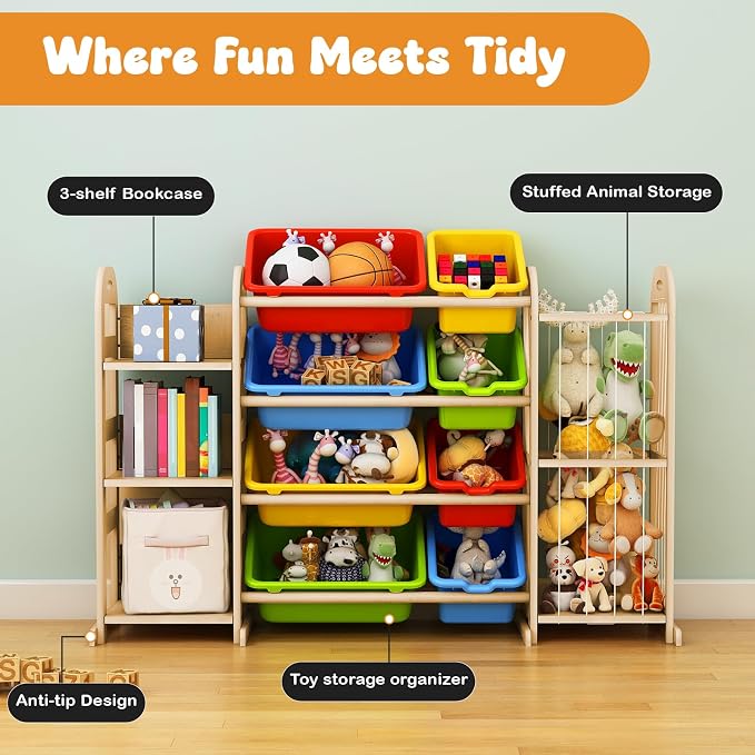 Toy Storage Organizer, Toy Organizers and Storage with Stuffed Animal Storage, Kids Toy Storage Shelf with 3 Shelves 8 Storage Bins, Kids Bookshelf, Toy Holder for Playrooms, Bedrooms, Multi Color