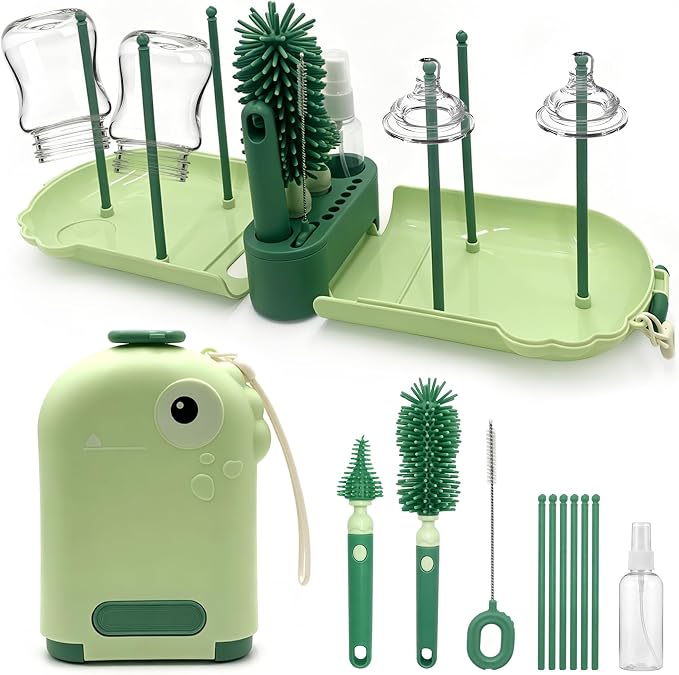 Travel Baby Bottle Brush Kit with Case, 6-in-1 Portable Bottle Cleaning Set for Baby Bottles, Nipples, Straws and Breast Pump Parts, Includes Drying Rack and Soap Dispenser, Green