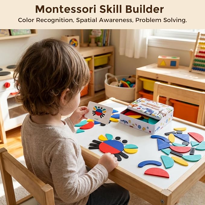 LovesTown Wooden Pattern Blocks Montessori Toys for Toddler Kids Open Ended Shape Puzzles Educational Tangram Preschool Learning Toy with 60 Cards 36 PCS (Pack of 2)
