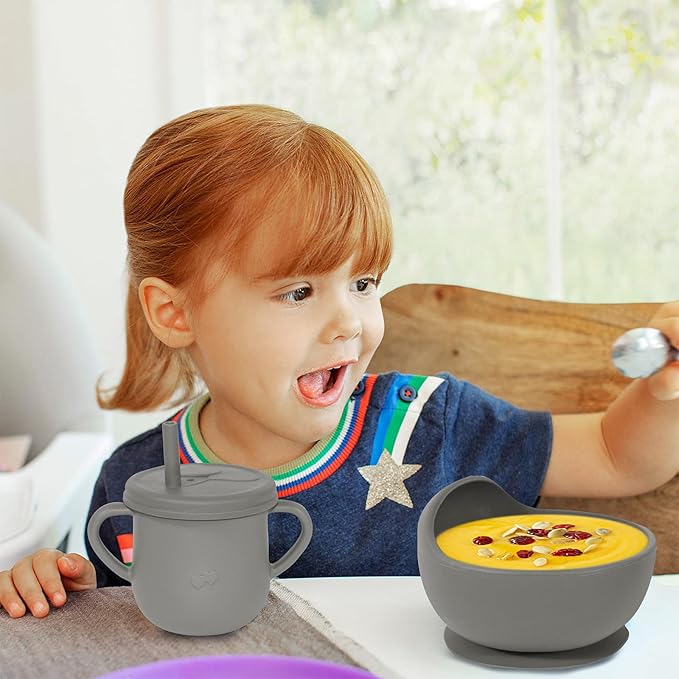 100% Silicone baby feeding set,BPA free Baby dishes set with Suction Bowl Divided Plate,Toddler Self Feeding Dish Set with Spoons Forks Sippy Cup And Bib, Baby Eating Utensils (Grey)