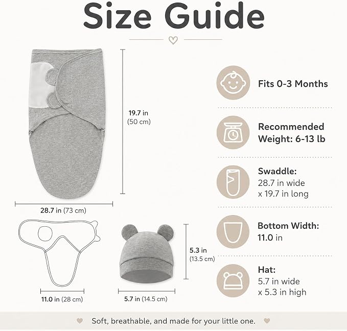 Baby Swaddle Sleep Sack with Hat Set for 0-3 months 3-Pack Soft Cotton Newborn Wearable Swaddle Wrap for Girls Boys