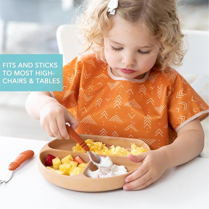 Bumkins Toddler and Baby Suction Plate, Silicone Divided Grip Dish for Babies and Kids, Baby Led Weaning, Children Feeding Supplies, Non Skid Sticky Bottom, Platinum Silicone, 6 Months Up, Woodgrain