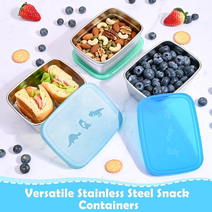 Tanjiae 3-Pack Stainless Steel Snack Containers - 550ml (18oz) Leakproof Colorful Lids with Cute Dinosaurs | LFGB Certified, Stackable Metal Lunch Box for Home, Picnic, Travel