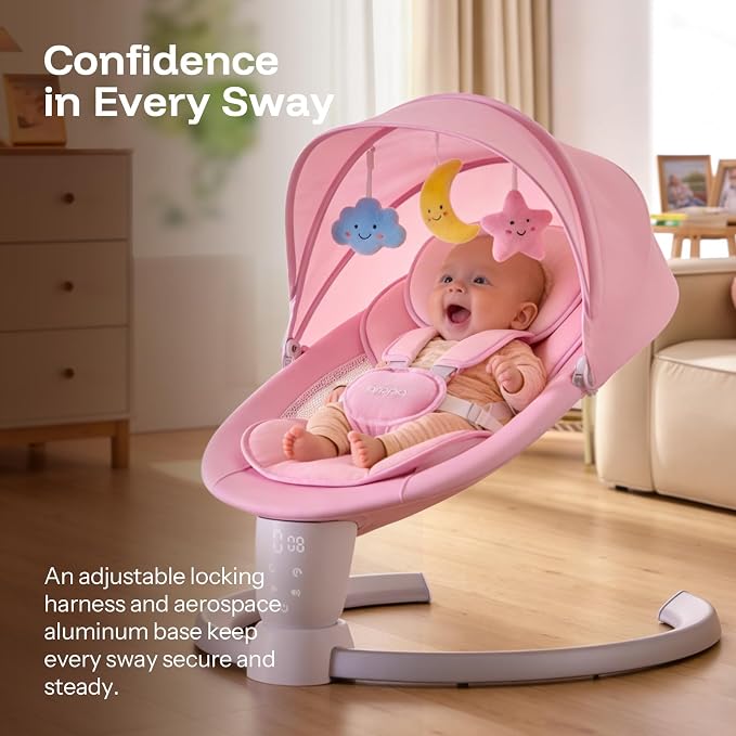 HARPPA Weddell Electric Baby Swing for Infants, 5-Point Harness, 5 Motion Levels, Remote & Touch Control, Built-in Melodies, Portable Baby Swing for Indoor Use,Light Pink