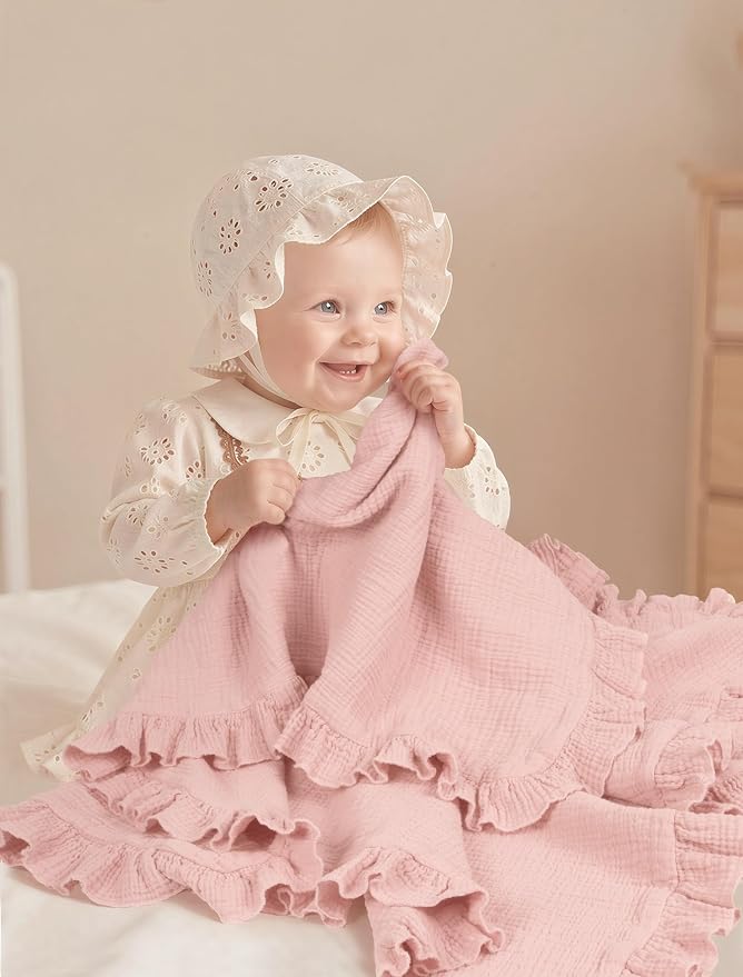 lulumoon Ruffle Baby Blanket for Girls: Soft Muslin Cotton Newborn Photo Backdrop - Lightweight Crib Blanket for Nursery Decor & Baby Registry Gift 40"x36"(Pink)