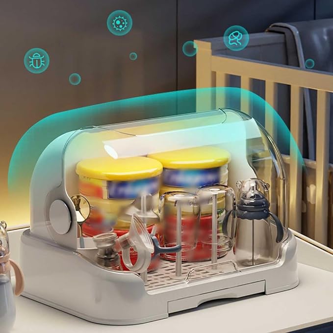 Baby Bottle Drying Rack with Lid Baby Bottle Storage with Removable Drain Tray Space Saving Baby Bottle Rack Dryer Reusable Bottle Rack Holder for Baby (E, 40 * 29 * 27CM)