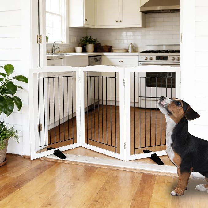 Dog Fence Indoor,Dog Gate Indoor for Doorway pet gate -3-Panel Freestanding, Hallways, House or Stairs -60x32-Inch Retractable Foldable Expandable Wood Pet by SFJC (White) ﻿