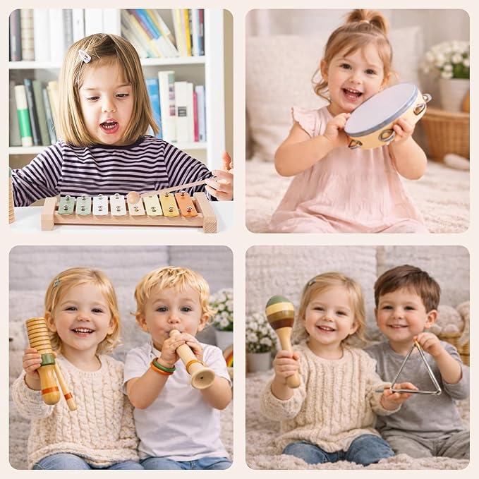 Wooden Musical Instruments Set for Toddlers 1??, Montessori Music Toys with Xylophone, Maracas & Tambourine, Soft Sound Indoor Percussion Toys, Early Learning Gift for Boys Girls