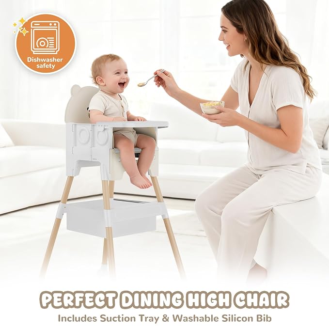 Baby High Chair 3 in 1 High Chairs for Babies and Toddlers Bear Toddler Chair Adjustable Height Highchair with Bib and Storage Bag for Baby Convenient Comfortable Feeding（Beige）