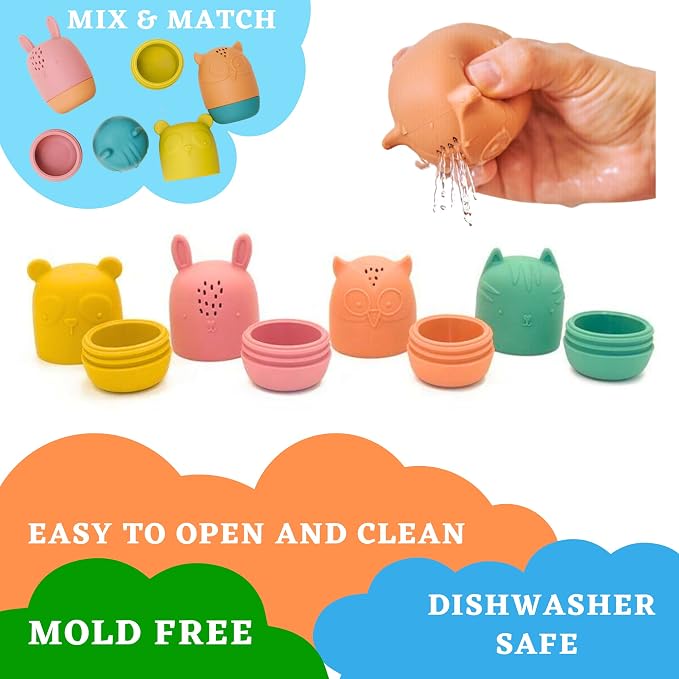 Bumble Bear Mold Free Silicone Bath Toys, Baby Bath Toys 6-12 Months, Toddlers 1-3, Non Toxic Infant Bathtub Toy, Water Toys, Pool Toy, Dishwasher Safe (Coral)