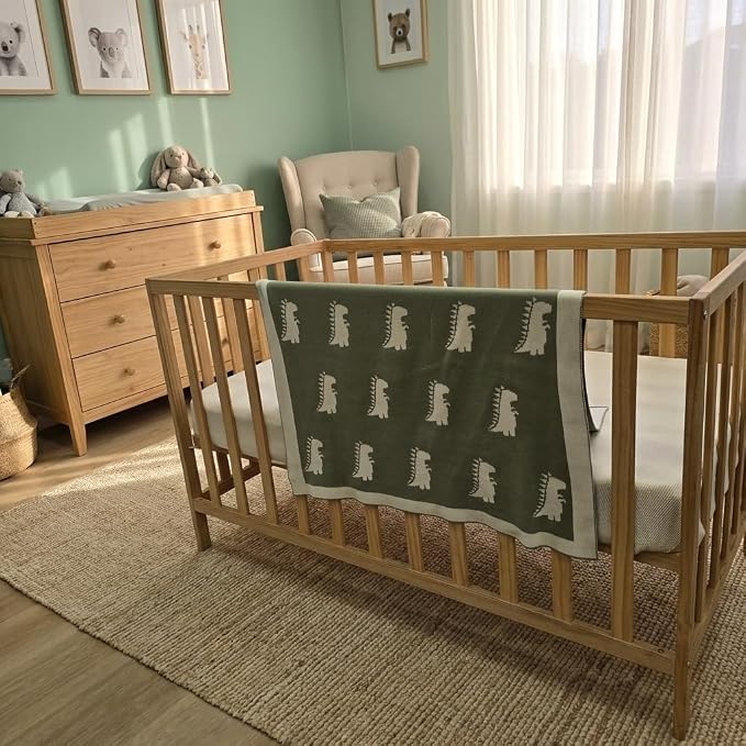 The Dinosaur Blanket - 100% Organic Cotton Baby Blanket, American Made, 30x40in - Bassinet, Crib, Stroller - Gift Registry Baby Shower for Newborns and Kids