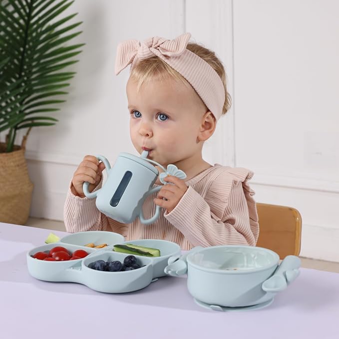 Dommy Silicone Strong Suction Baby Bowl with Spoon & Fork, Silicone Tableware for 6M+ Babies, Suction Bowl with Lid, Ideal Baby Gift Set for Solid Food Adding,Chalk Blue