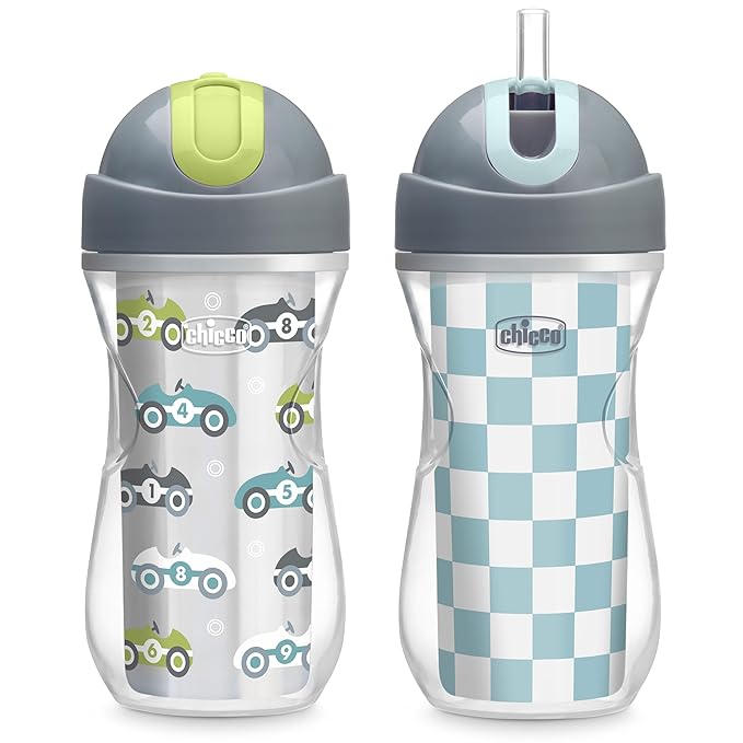 Chicco Insulated Straw Sippy Cup 12+ Months, 9oz Toddler Training Cup with Spill-Free Flip-Top Lid, BPA-Free 2-Pack, Cars/Checkers