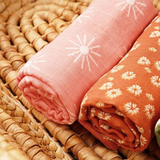 Muslin Swaddle Blankets for Baby Boys and Girls,3 Pack Breathable Soft Receiving Blanket,Large 43.3X 43.3 inches,Newborn Essentials Must Haves(Sun)