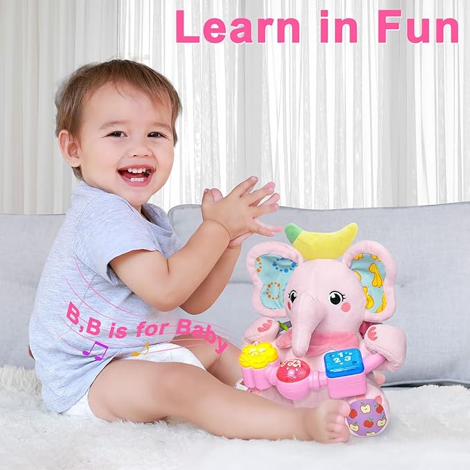 Holaxander Baby Elephant Musical Stuffed Animals Toy with Light-Up Music & Crinkle Sound Paper,Infant Bilingual Early Learning Education Toys,Tummy Time Toys for 0-3-6-12+ Months Boy Girl, Pink