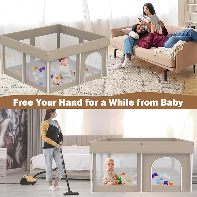 Foldable Baby Playpen 50"×50", Playard for Babies and Toddlers, Portable Safety Baby Fence Lightweight,No Installation, Indoor & Outdoor Playpen with Ocean Balls*50, Beige