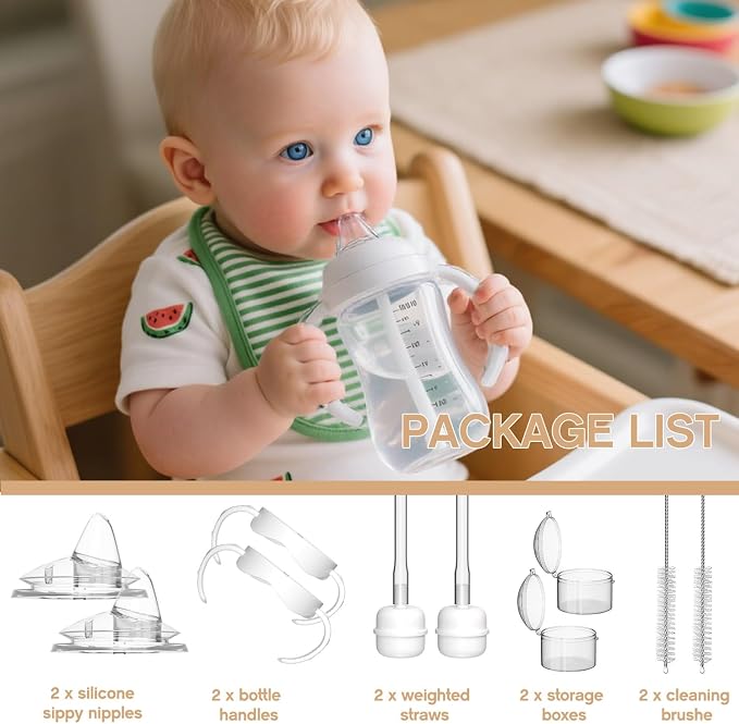 Spout Sippy Cup Conversion Kit for Philips Avent Natural Baby Bottles,Sippy Cups Transition Kit with Soft Spout top,Weighted Straw, Bottle Handle, Cleaning Brush, Dust-Proof Case, 6m+, 2 Pack