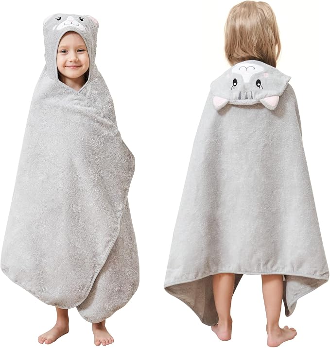 Style Quarters 100% Cotton Kids Hooded Bath Towel with Embroidery - Large 50"x24" Soft Terry Toddler Beach Towel, Cartoon Cat Hooded Towel for Boys & Girls (Grey Cat)