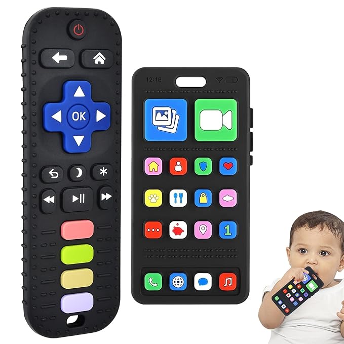 Baby Silicone Teething Toys, Phone and Remote Teether Toys for Toddlers 3-18 Months, Boys Girls Babies Teething Toy, Baby Chew Toy, Freezer BPA Free