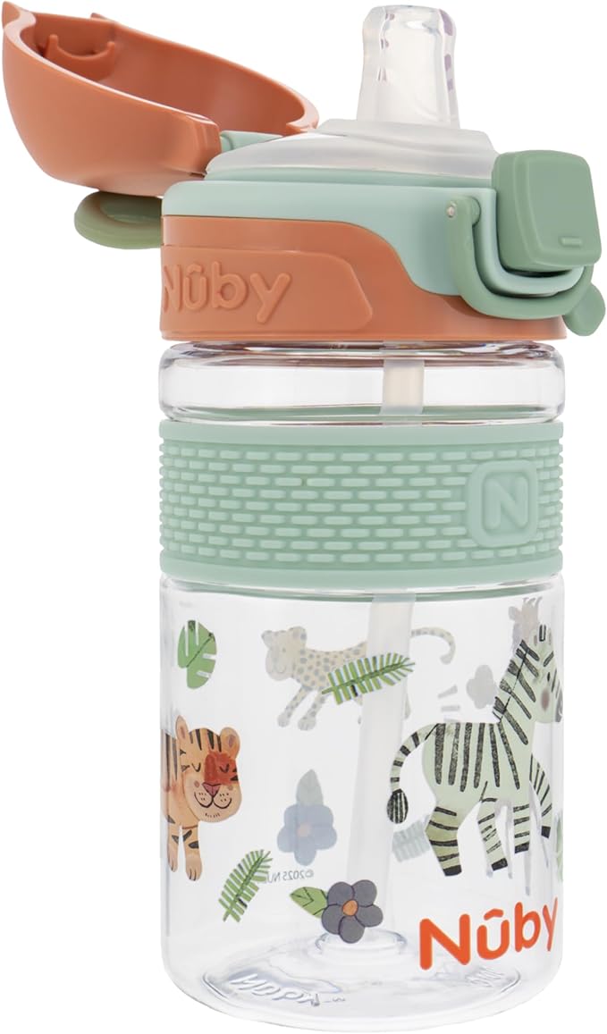 Nuby Thirsty Kids Flip-It Bolt Toddler Cup with Push-Button Locking Flip-Top and Silicone Spout - 12 oz - Easy-Grip and Spill-Resistant - 18+ Months - Safari