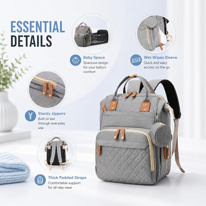 Baby Diaper Backpack with Changing Pad, Waterproof, USB Port, Large Capacity (Gray)