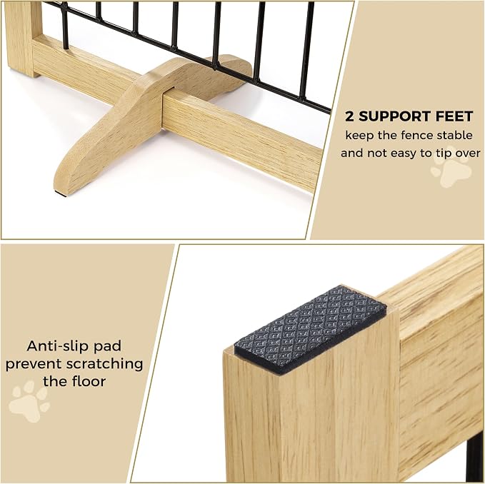 Acovy Wire Dog Gate Solid Wood Frame, Anti-Chewing, 4-Panel, 24" Height, 80" Width, Indoor Freestanding Pet Gate Foldable Wooden Dog Fences for Stairs, House, Doorway, Oak Color