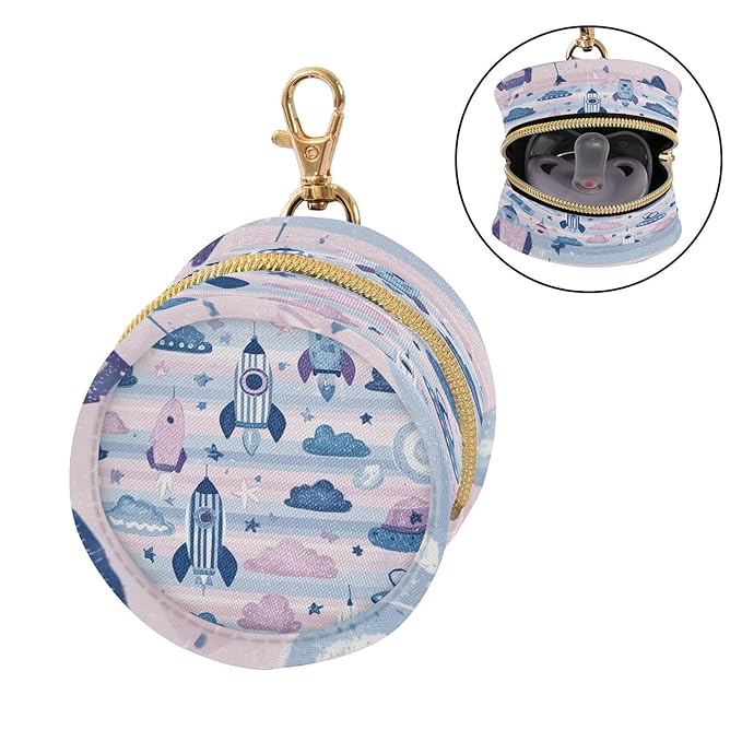 Pacifier Holder with Clip Pacifier Case for Diaper Bag Round Baby Pacifier Pouch Box Bag Portable Cute Rockets Satellites Stars Clouds