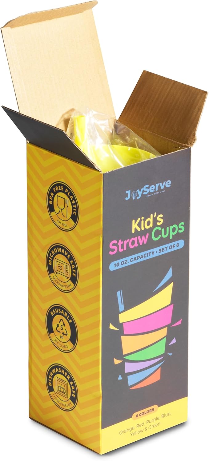 JoyServe Kids Cups - (Set of 6) - 10oz Toddler Cups with Straws for Kids - Stackable BPA-Free Plastic Sip-A-Cup Drink Tumblers for Water, Juice, Milk - Dishwasher Safe, Everyday Use, Neon Colors