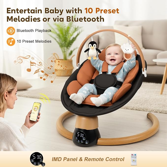 Baby Swings for Infants | Electric Portable Baby Swing with Bluetooth, 5 Swing Speed, 3 Timer Settings, 10 Melodies, 5-Point Harness & Remote Control | Indoor & Outdoor Newborn Swing (Black)