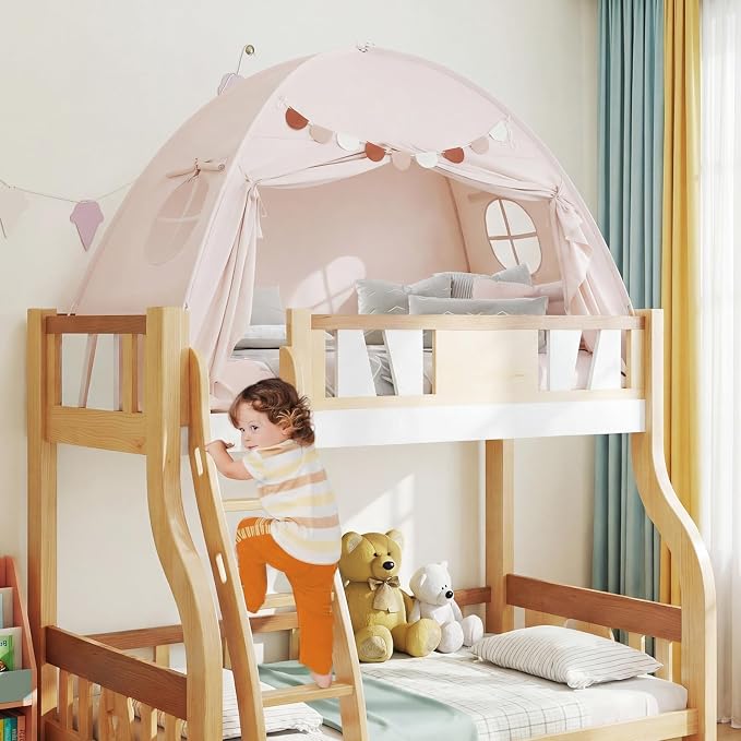 HONEY JOY Bed Tent Twin for Kids, Foldable Play Tent Canopy w/Flags, Windows, Indoor Outdoor Playhouse Toddler Tent, 79” x 39” x 48”, Washable, Kids Tent for Boys Girls Aged 3+, Birthday (Beige)
