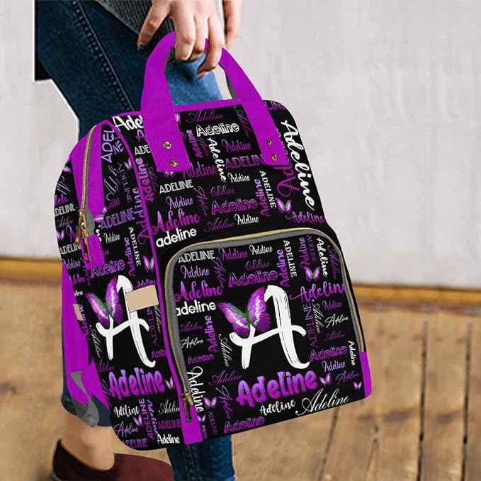 InterestPrint Custom Name Diaper Bag Personalized Purple Butterfly Logo Text Nappy Bags Customized Signature Diapering Bag Casual Daypack Travel Backpack Shoulder Bag for Hiking Camping Work