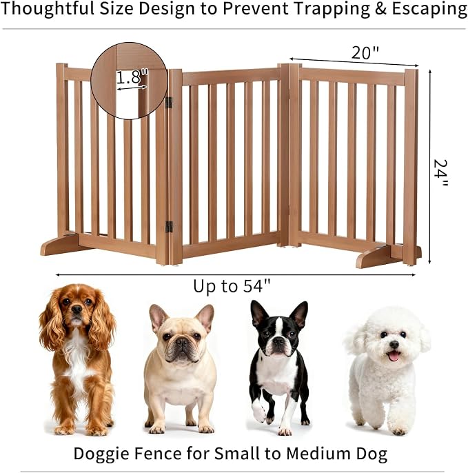 Wooden Freestanding Foldable Dog Gate, 24 Inch Height 3 Panel Pet Gate No Drill for Doorways Stairs, Fully Assembled Indoor Puppy Fence (Brown, 60" W x 24" H)