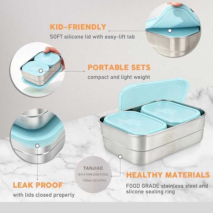 Tanjiae 3 CUP+1 CUP Stainless Steel Lunch Snack Containers Set | Leak Proof 304 Stainless Steel Food Containers with Silicone Lids - Perfect Metal Lunch Box for Home and Travel (25oz+8oz*2)