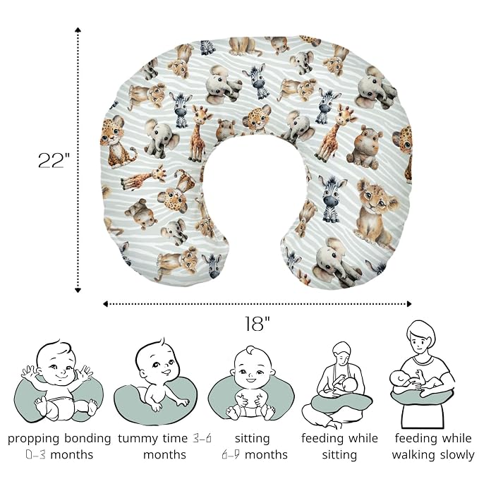 HawSkgFub Safari Jungle African Animal Nursing Pillow Cover for Baby Boy Girl, Elephant Giraffe Lion Leopard Hippo Breastfeeding Pillow Slipcover, Stripe Nursing Pillowcase Newborn Infant, Cover Only