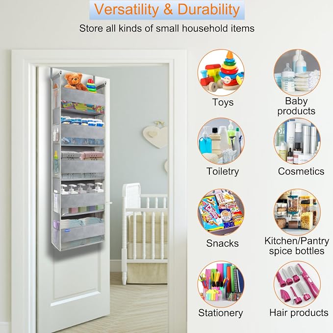 Extra Large Over The Door Organizer Storage 5-Shelves and 10 Side Pockets, Heavy Duty Hanging Door Organizer for Closet Bathroom Bedroom Nursery Pantry, Grey