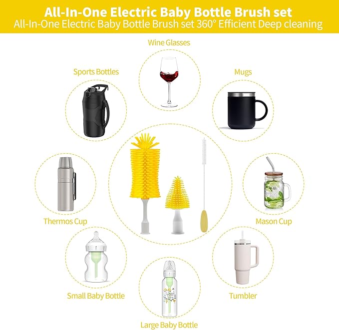 Electric Bottle Brush Cleaner New Upgrade, Portable Electric Baby Bottle Brush Cleaner for Travel, Travel Bottle Cleaner Kit with Nipple & Straw Brush, Perfect Mom Essentials After Birth Gift, Yellow