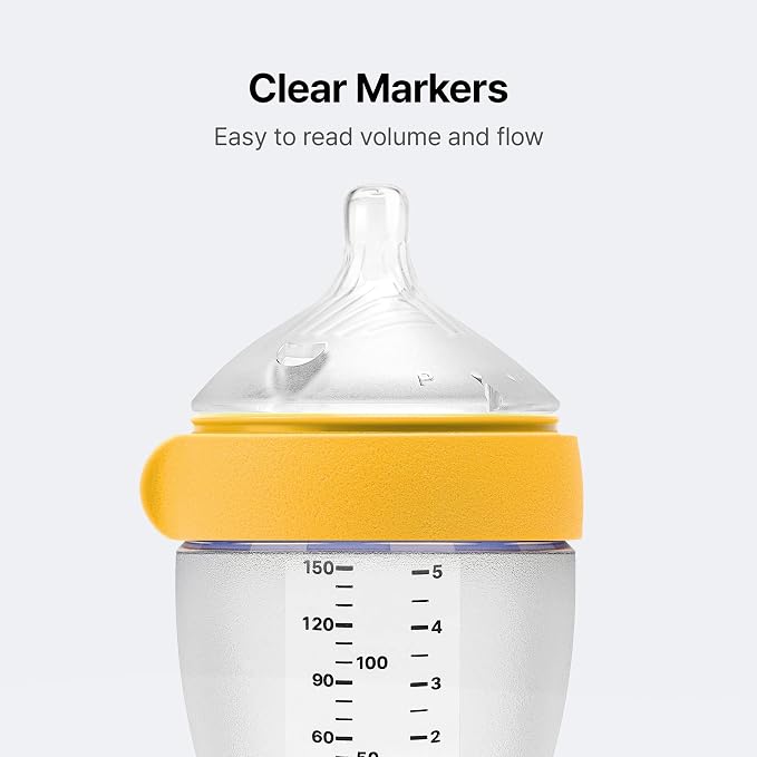 Comotomo Silicone Baby Bottle Gen 2 – 2026 Release (5oz) – True Slow-Flow Nipple for Newborn Feeding (0-3 Months) with Dual Anti Colic Vents for Breast to Bottle Transition, Yellow (Double Pack)