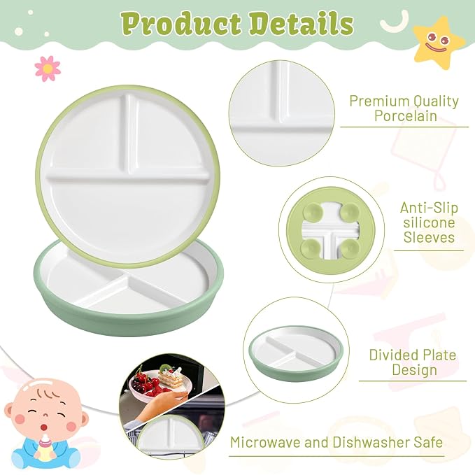 Domensi 4 Sets 8 Inch Kids Porcelain Plates with Silicone Suction Sleeve Antislip White Ceramic Divided Toddler Plates Microwave Dishwasher Safe for Baby Children Feeding Supplies (Cyan,Pink)