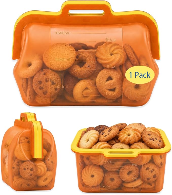Reusable Silicone Food Storage Bags, Magnetic Seal Reusable Storage Bags, Stand Up Silicone Freezer Bags for Food, Fruit, Snack, Sandwich, Meal Prep, Dishwasher Safe, 50oz, 1 Pack
