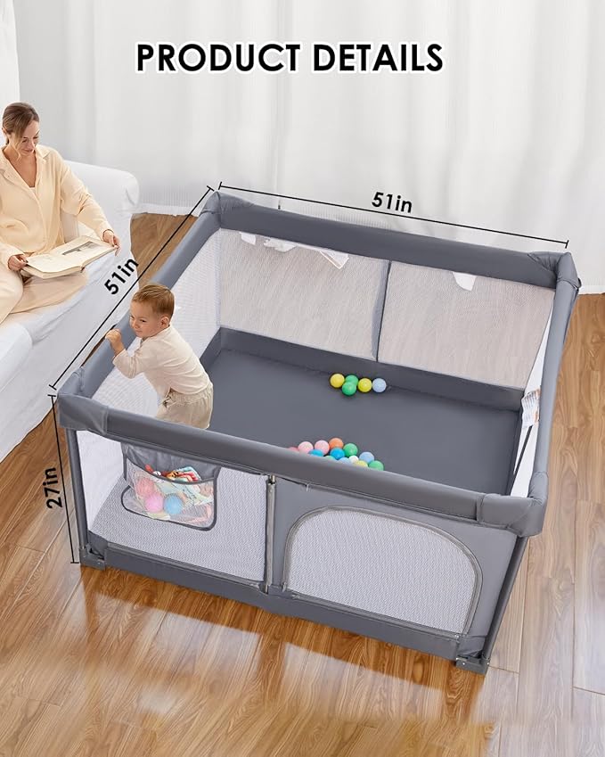 Veraste Foldable Baby Playpen, 51"x51" Indoor & Outdoor Play Yard with Single-Joint Frame, Breathable Mesh, Non-Slip Base, Portable Playpen for Toddlers and Infants (Grey)