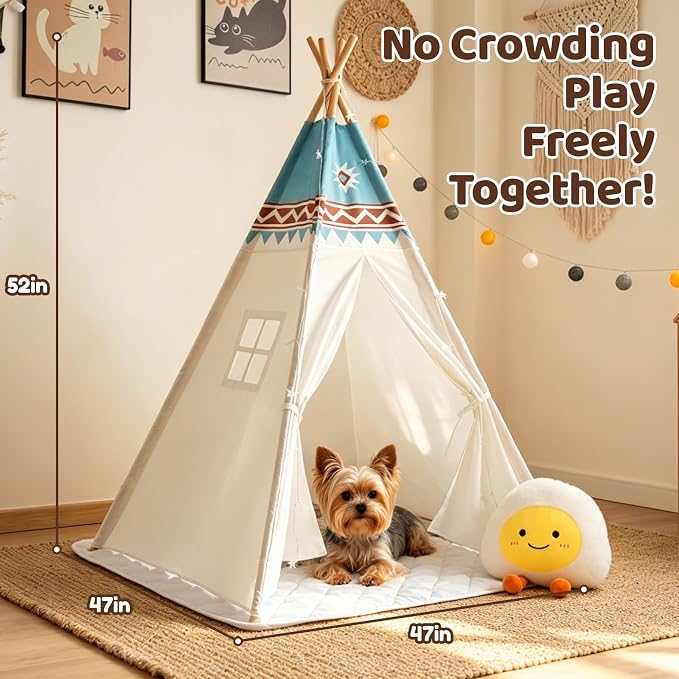 RONGFA Teepee Tent for Kids, 100% Cotton Play Tent with Mat, Kids Teepee Tent with Colored Flag, Quality Portable Play Tent with Carry Bag for Girls and Boys Indoor Outdoor (Beige Blue with Mat)