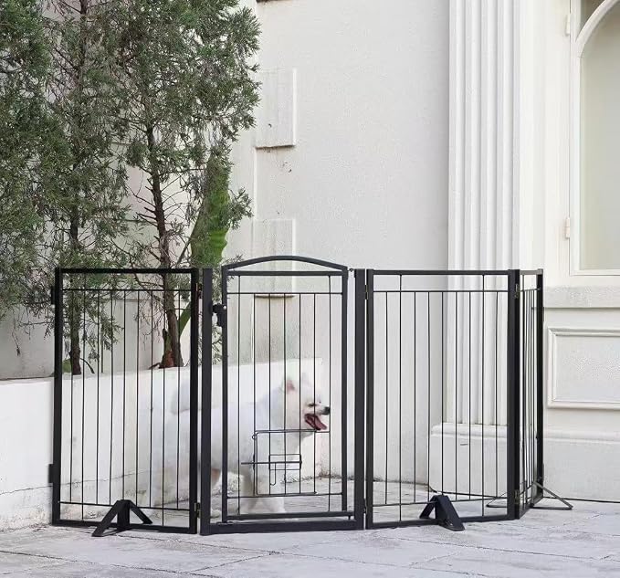 Full Metal Freestanding Dog Gate with Cat Door for Indoor & Outdoor,32" Tall Foldable Dog Fence,80" Extra Wide Free Standing Pet Gate for Large Openings,Stairs,Deck,Yard,Doorways(4 Panels,Black)