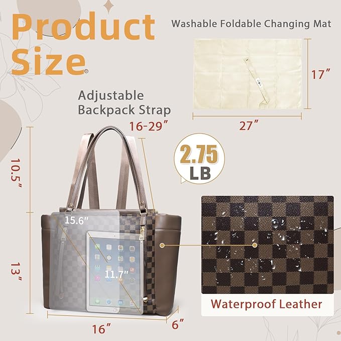 miss fong Checkered Diaper Bag Tote Leather Diaper Bag Backpack, Large Capacity Mommy Bag Hospital Bag, 12 Pockets Travel Diaper Tote with Changing Pad for Mom Plaid Tote Bag for Women-Coffee