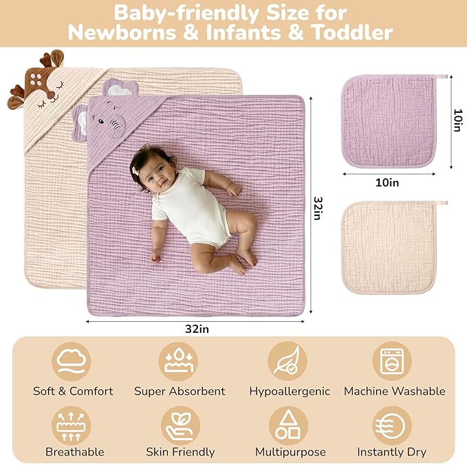 4 PCS Muslin Baby Bath Towels Set, 100% Cotton 2 PCS Animal Hooded Baby Towels 32x32 Inch & 2 PCS Washcloths, Ultra Absorbent & Soft Infant Newborn Essentials Gifts for Boys & Girls, Elephant & Deer